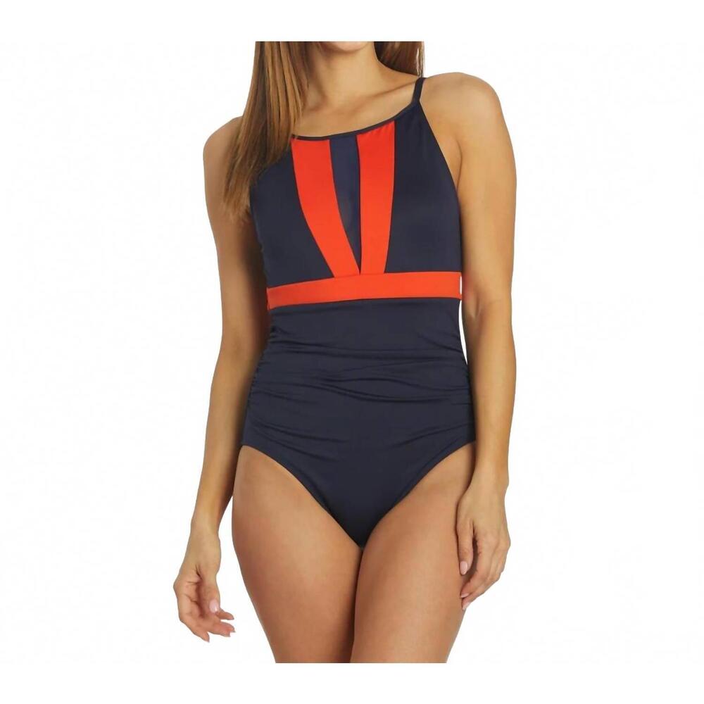 NEW DOLFIN color block moderate boat neck one piece swimsuit in navy/pop